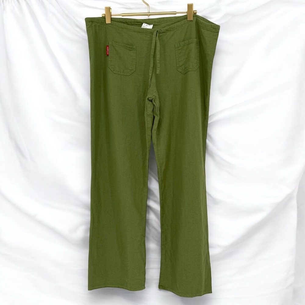 Miroa Green Linen Blend Drawstring Waist Casual Pants, Size M Bohemian Boho Chic